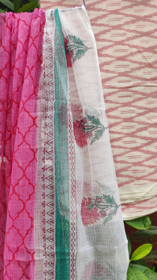 WHITE PINK IKKAT COTTON KURTA WITH KOTA HAND BLOCK PRINT DUPATTA