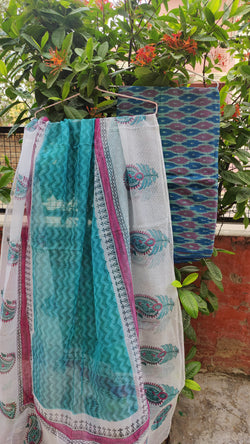 TEAL BLUE IKKAT COTTON KURTA WITH KOTA HAND BLOCK PRINT DUPATTA