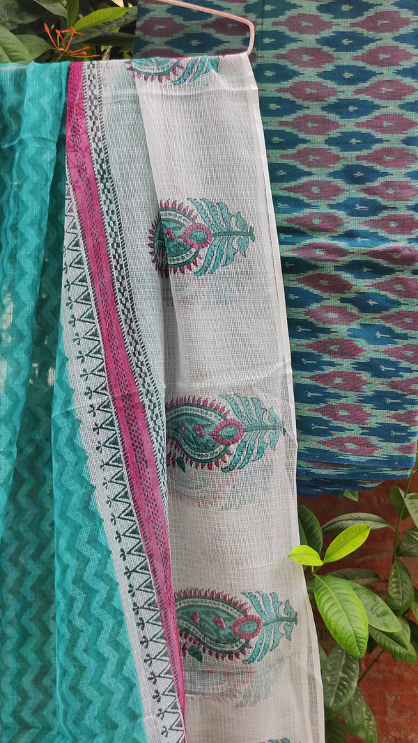 TEAL BLUE IKKAT COTTON KURTA WITH KOTA HAND BLOCK PRINT DUPATTA