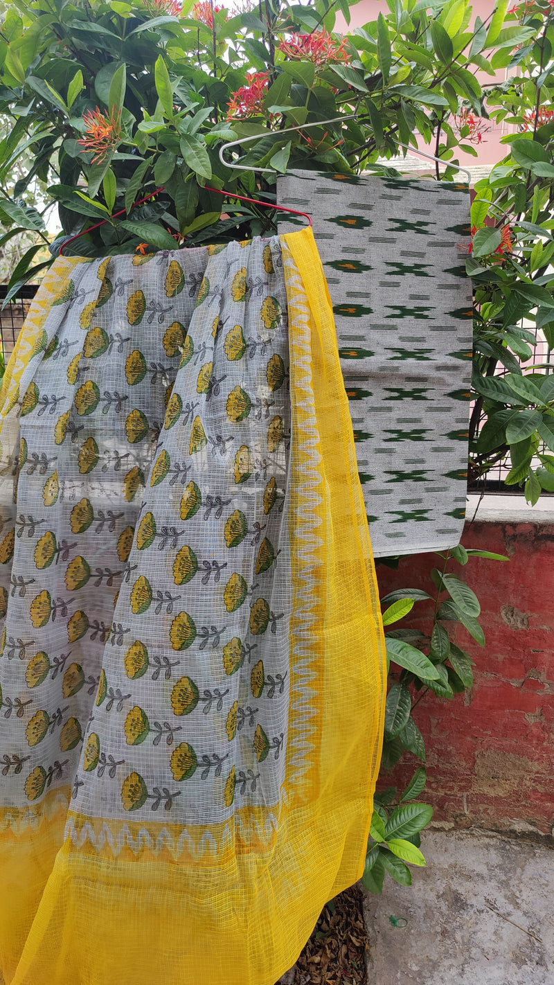 GREEN YELLOW IKKAT COTTON KURTA WITH KOTA HAND BLOCK PRINT DUPATTA