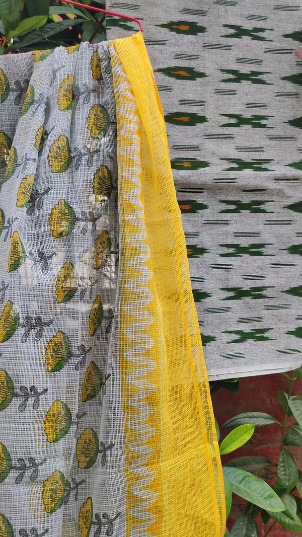 GREEN YELLOW IKKAT COTTON KURTA WITH KOTA HAND BLOCK PRINT DUPATTA