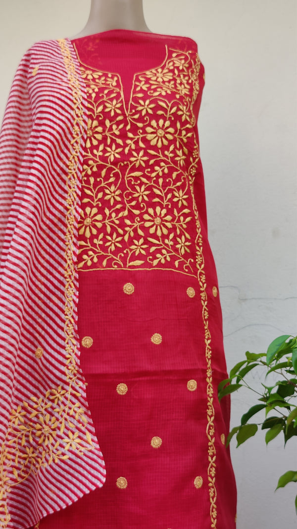 RED KOTA KURTA WITH LEHERIYA DUPATTA - CHIKANKARI