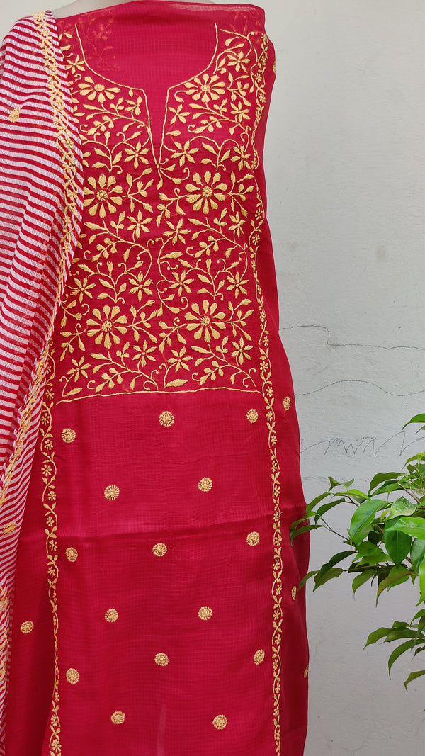 RED KOTA KURTA WITH LEHERIYA DUPATTA - CHIKANKARI