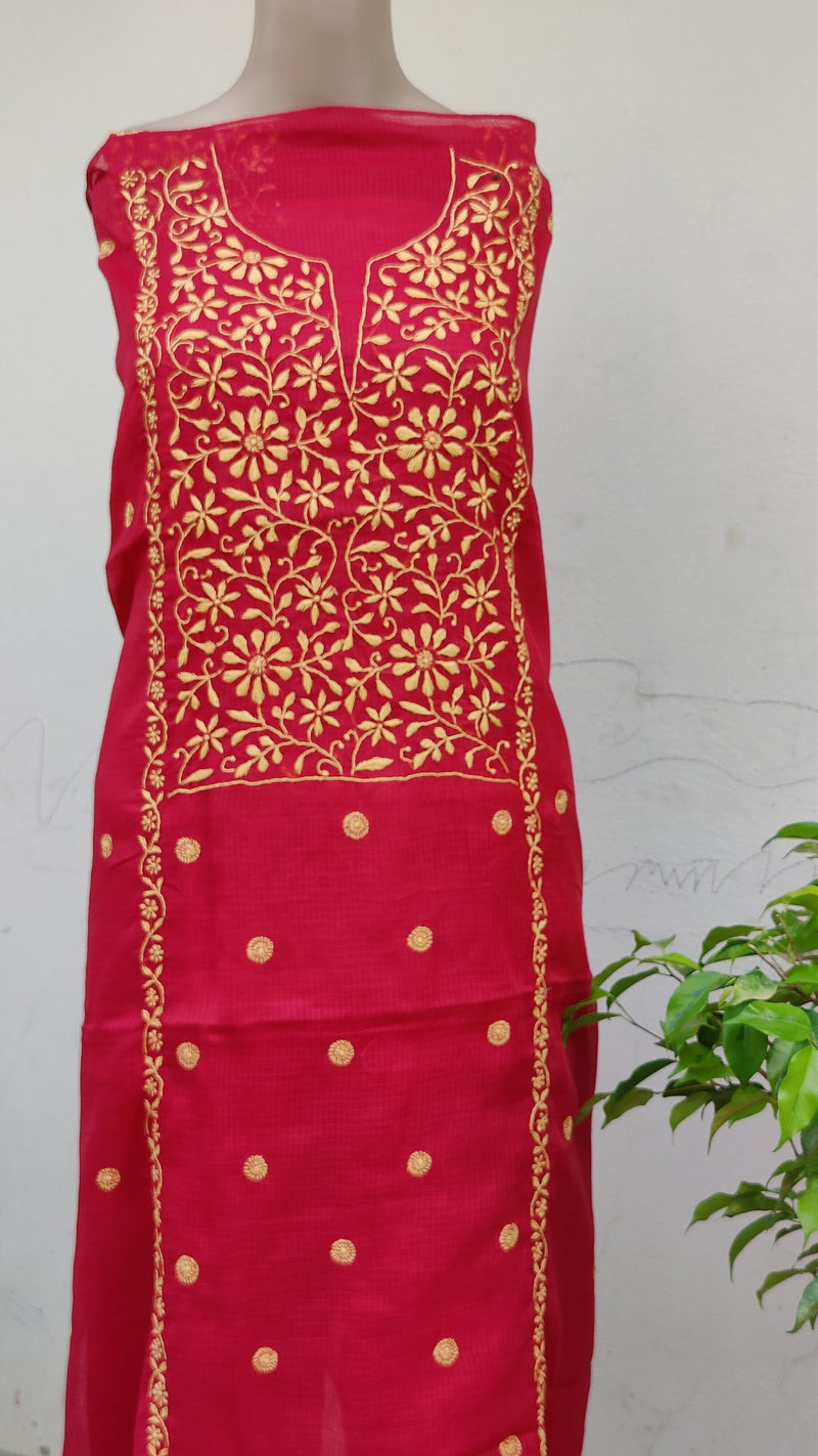 RED KOTA KURTA WITH LEHERIYA DUPATTA - CHIKANKARI