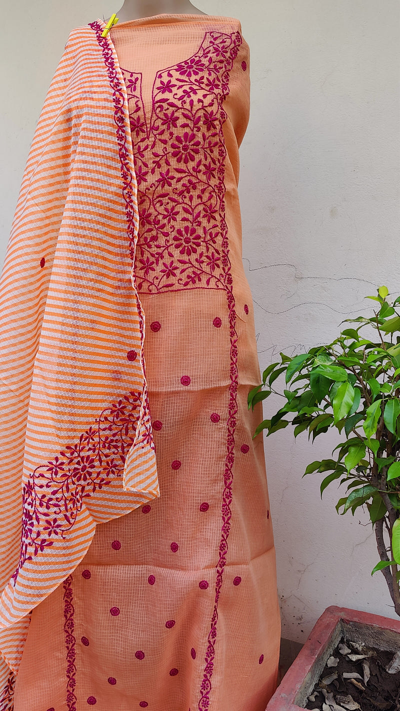 PEACH KOTA KURTA WITH LEHERIYA DUPATTA - CHIKANKARI