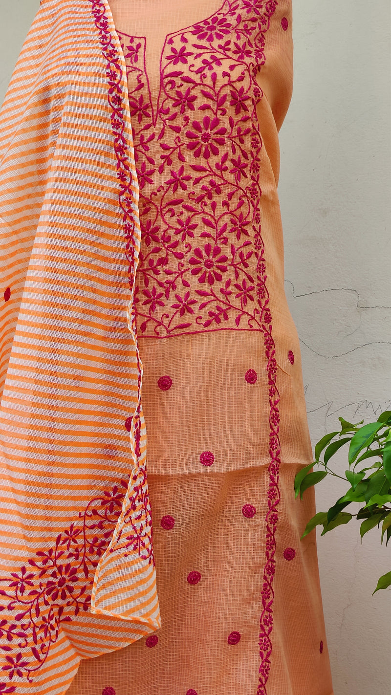 PEACH KOTA KURTA WITH LEHERIYA DUPATTA - CHIKANKARI