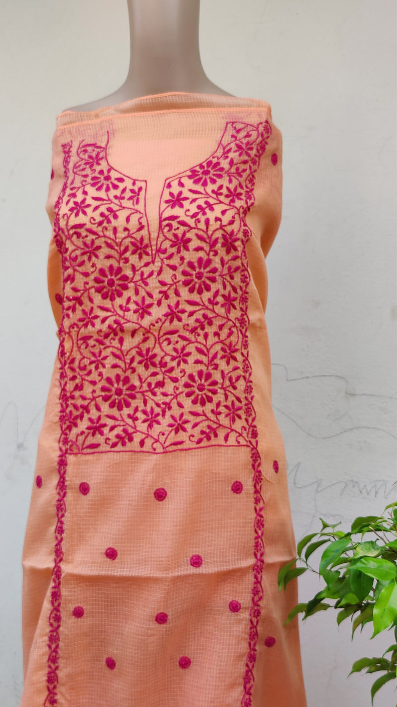 PEACH KOTA KURTA WITH LEHERIYA DUPATTA - CHIKANKARI