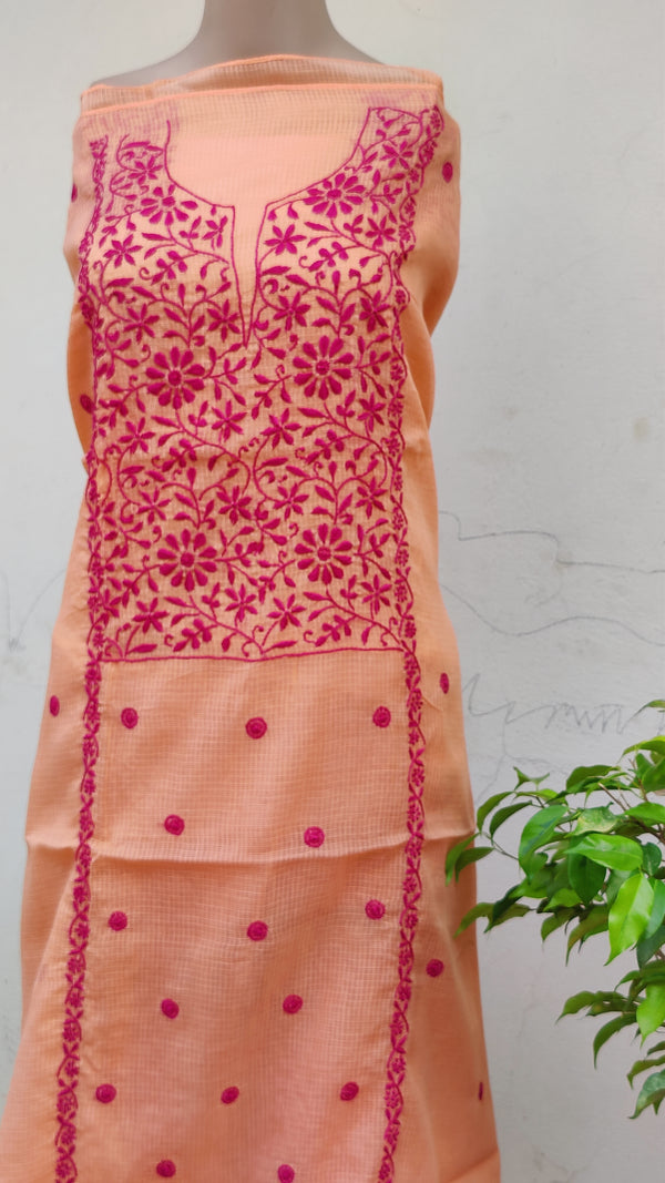 PEACH KOTA KURTA WITH LEHERIYA DUPATTA - CHIKANKARI