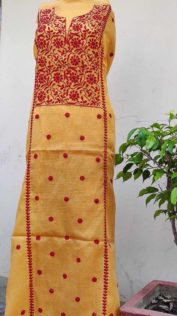 MUSTARD YELLOW  KOTA KURTA WITH LEHERIYA DUPATTA - CHIKANKARI