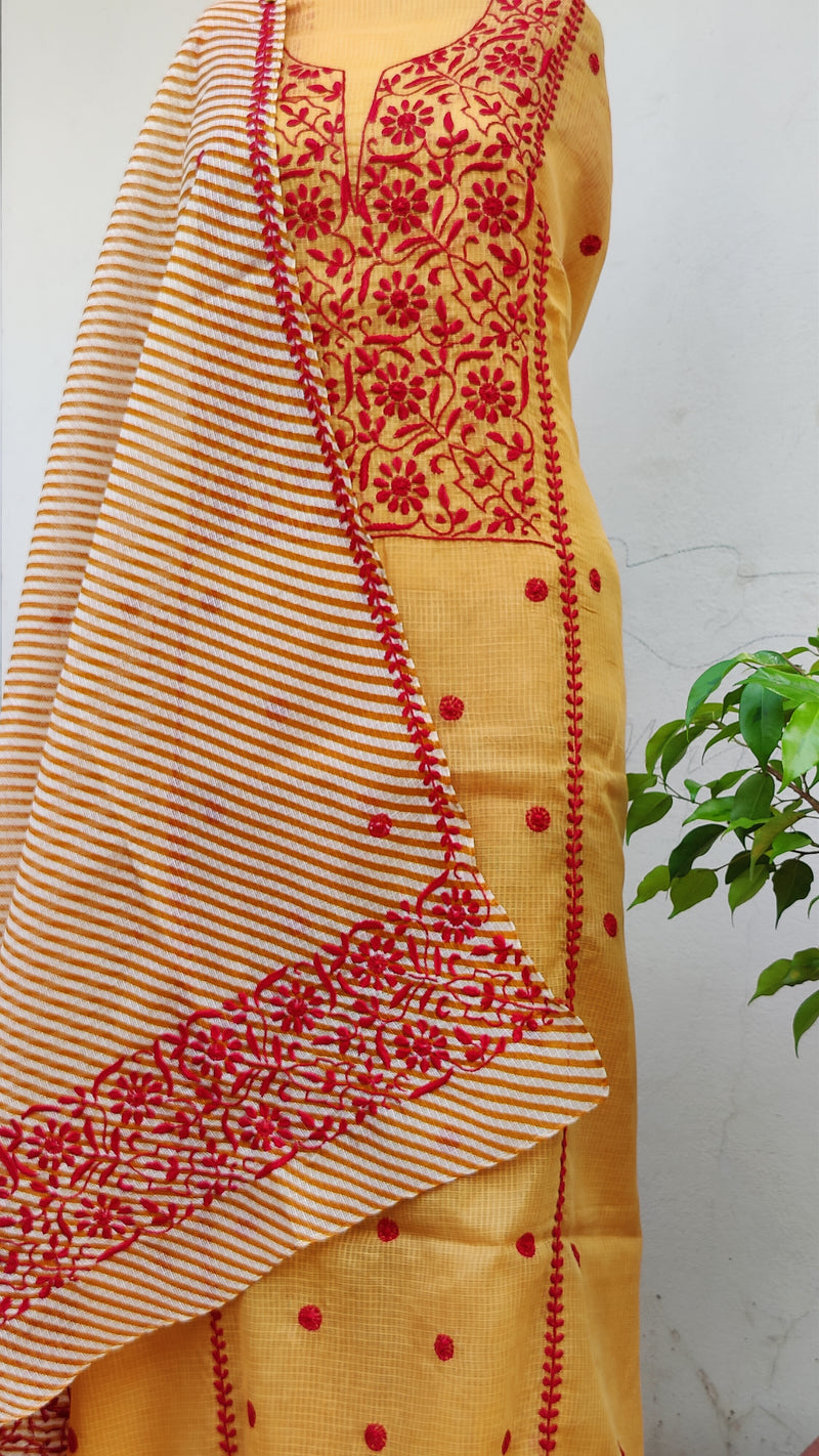 MUSTARD YELLOW  KOTA KURTA WITH LEHERIYA DUPATTA - CHIKANKARI