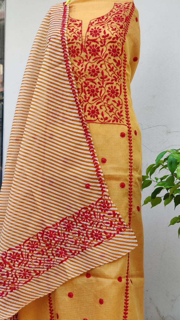 MUSTARD YELLOW  KOTA KURTA WITH LEHERIYA DUPATTA - CHIKANKARI