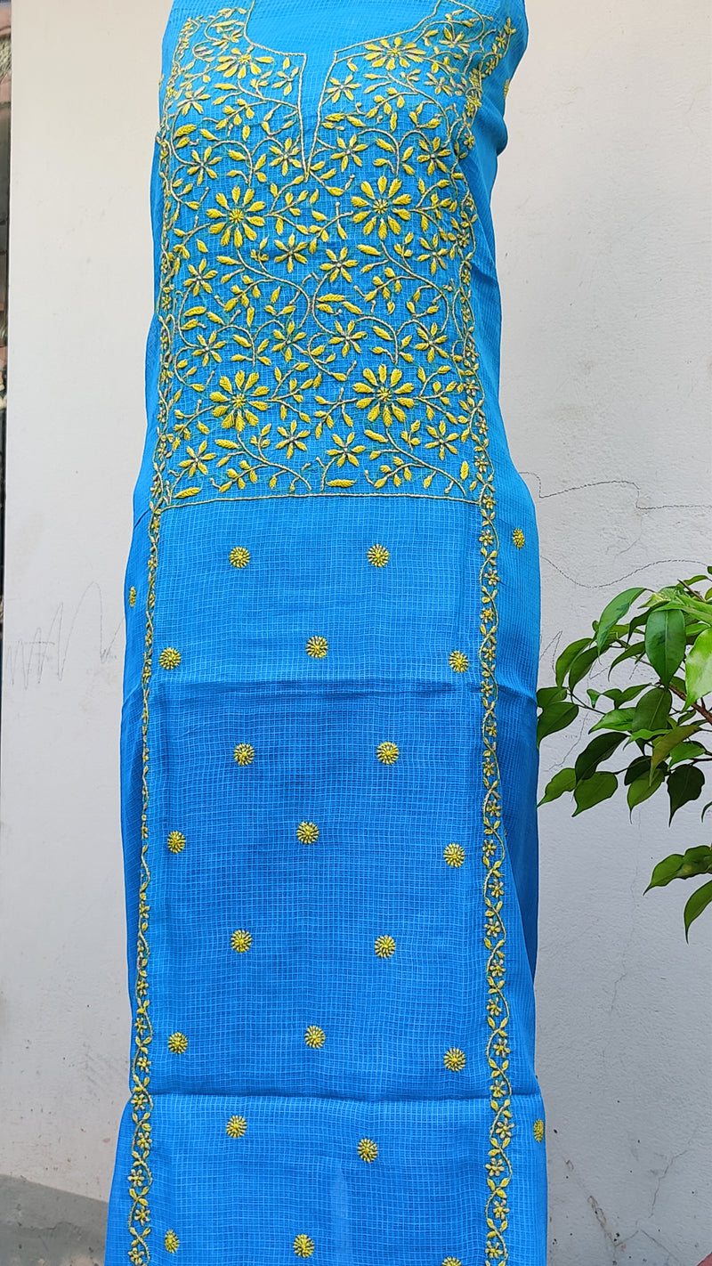 ULTRAMARINE BLUE KOTA KURTA WITH LEHERIYA DUPATTA - CHIKANKARI