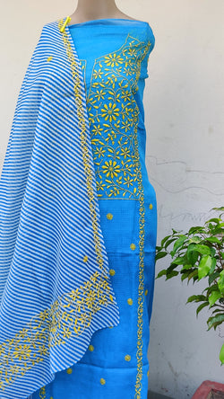 ULTRAMARINE BLUE KOTA KURTA WITH LEHERIYA DUPATTA - CHIKANKARI