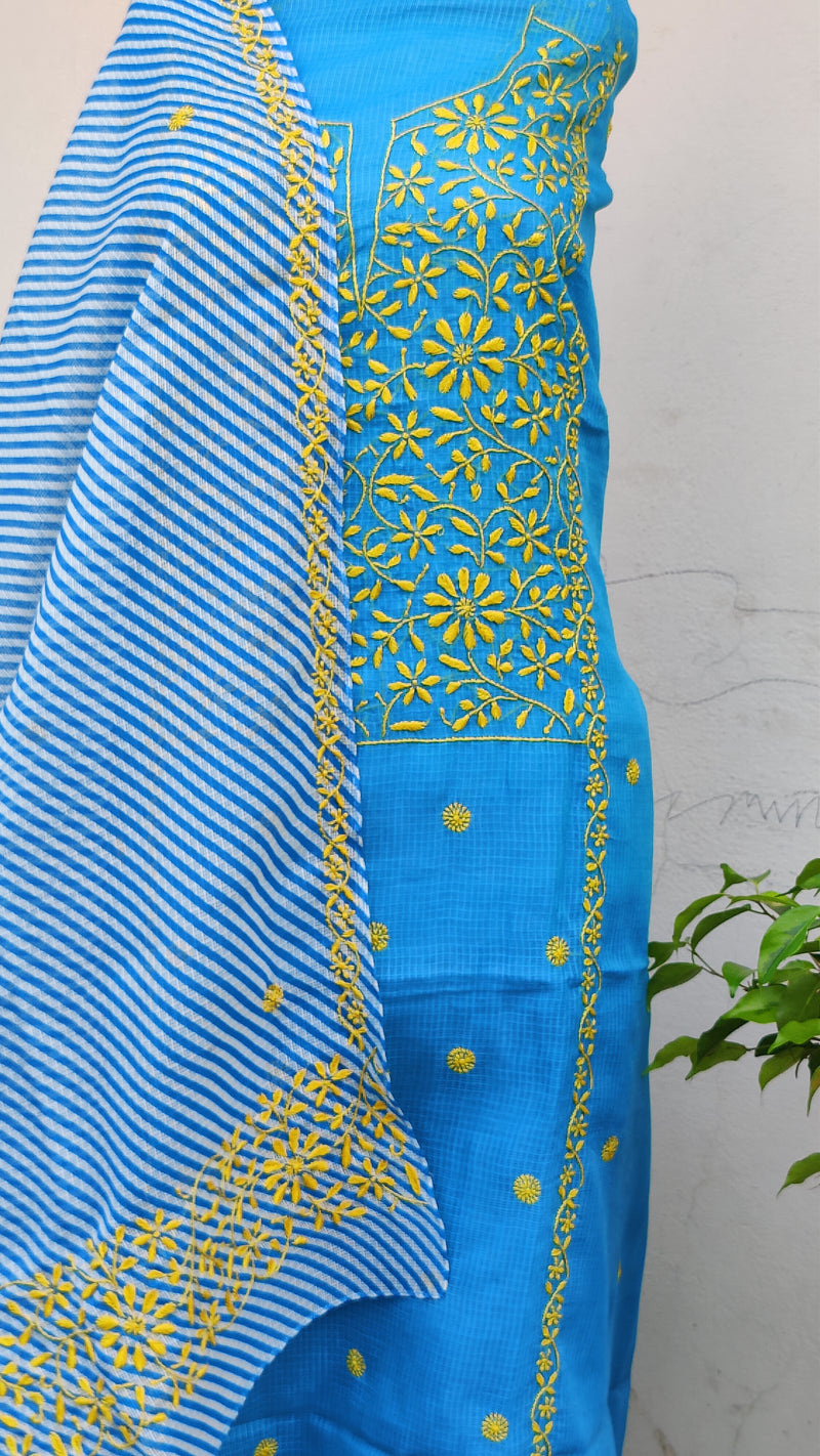 ULTRAMARINE BLUE KOTA KURTA WITH LEHERIYA DUPATTA - CHIKANKARI