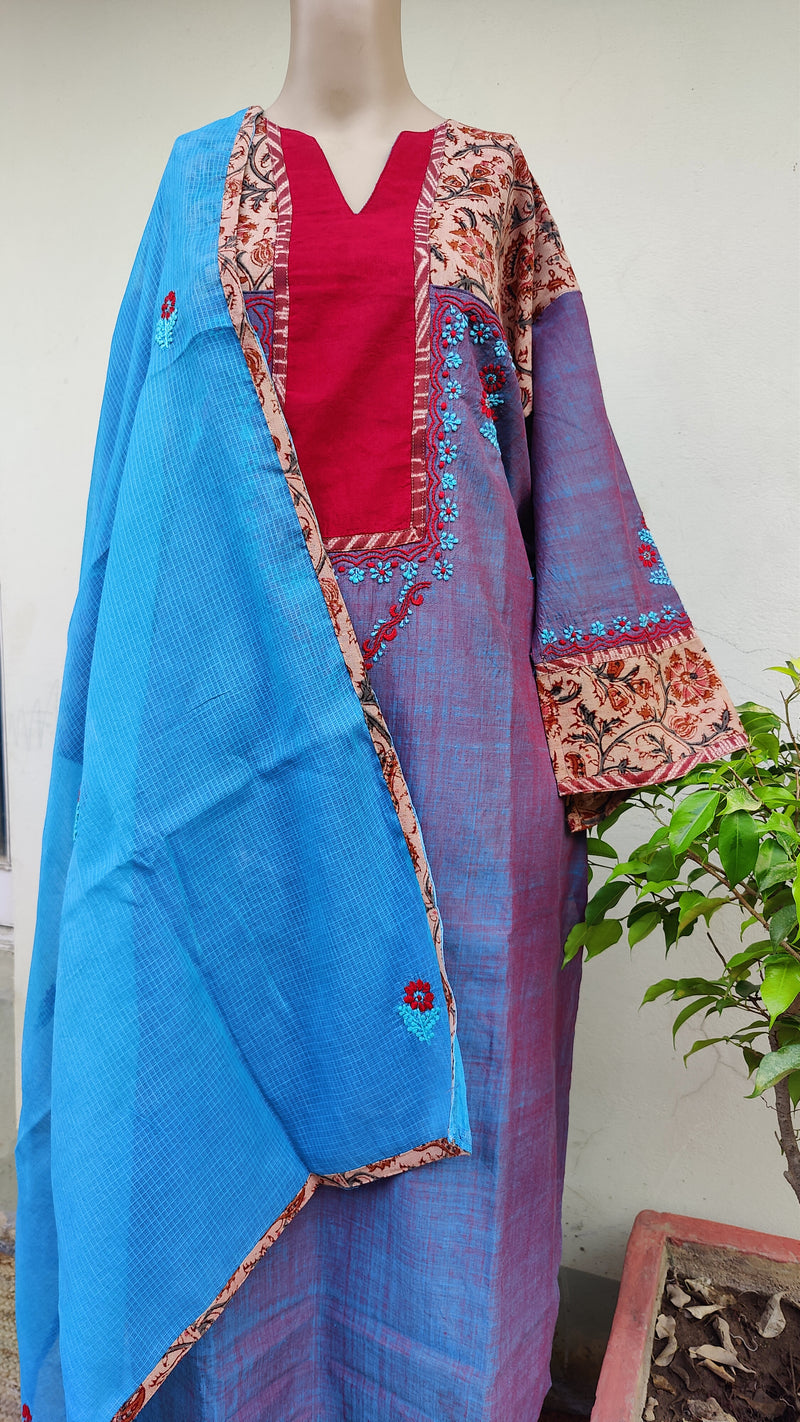 LAVENDER BLUE SHORT COLOUR MANGALGIRI KURTA WITH KOTA DUPATTA