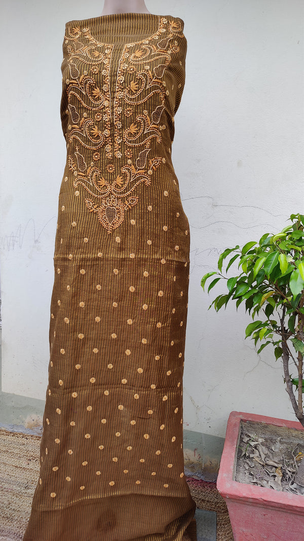 COPPER BROWN TISSHUE CHANDERI KURTA WITH CHIKANKARI - CHANDERI DUPATTA