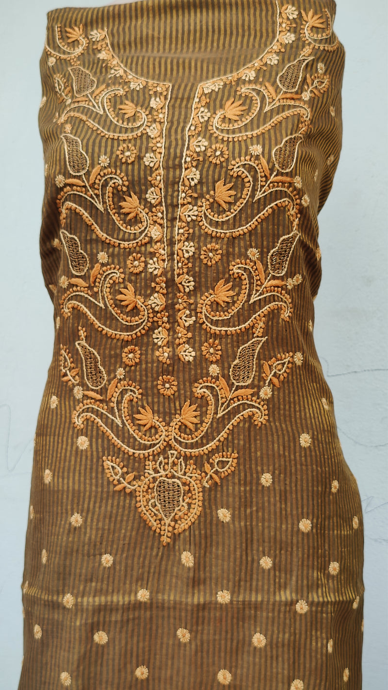 COPPER BROWN TISSHUE CHANDERI KURTA WITH CHIKANKARI - CHANDERI DUPATTA