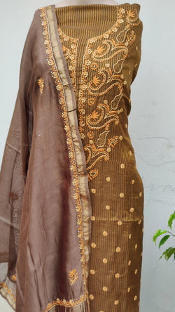 COPPER BROWN TISSHUE CHANDERI KURTA WITH CHIKANKARI - CHANDERI DUPATTA