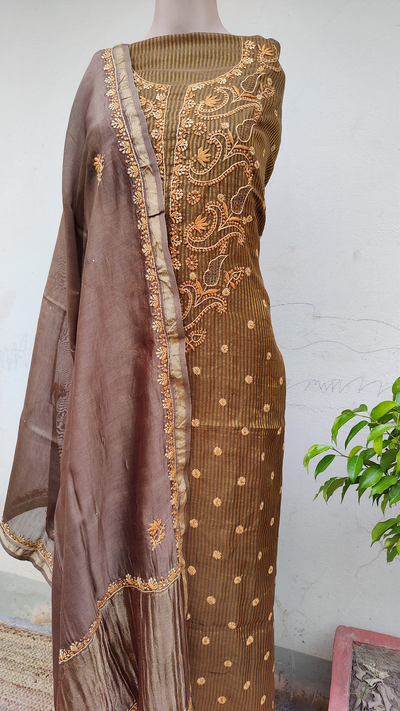 COPPER BROWN TISSHUE CHANDERI KURTA WITH CHIKANKARI - CHANDERI DUPATTA