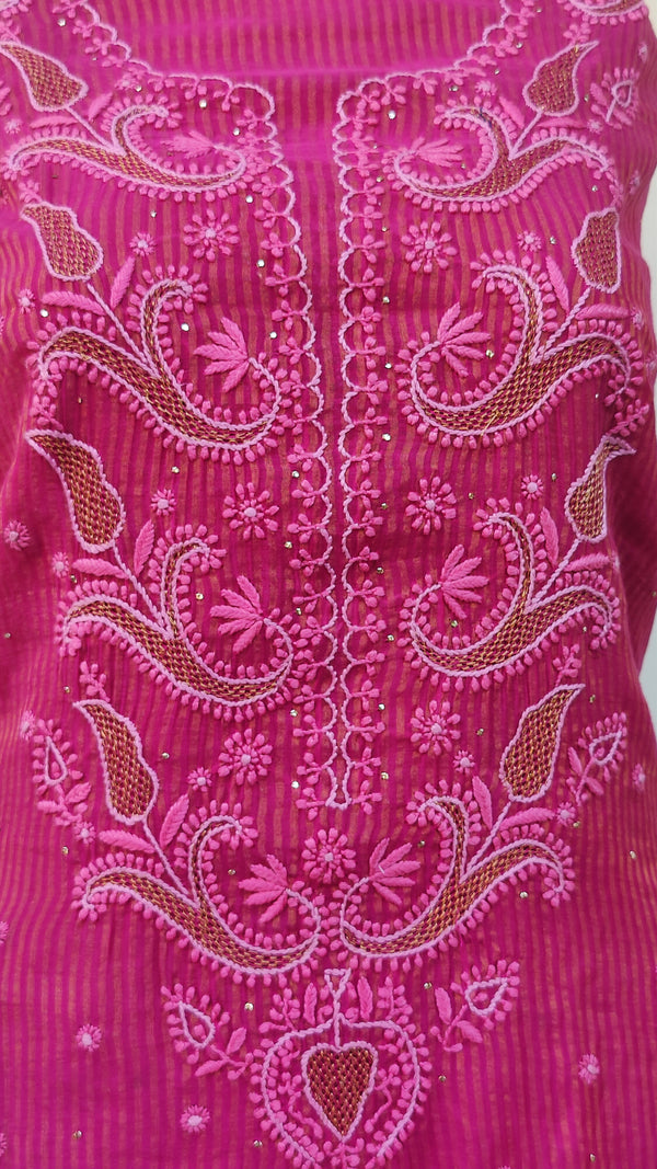 MAGENTA TISSHUE CHANDERI KURTA WITH CHIKANKARI - CHANDERI DUPATTA