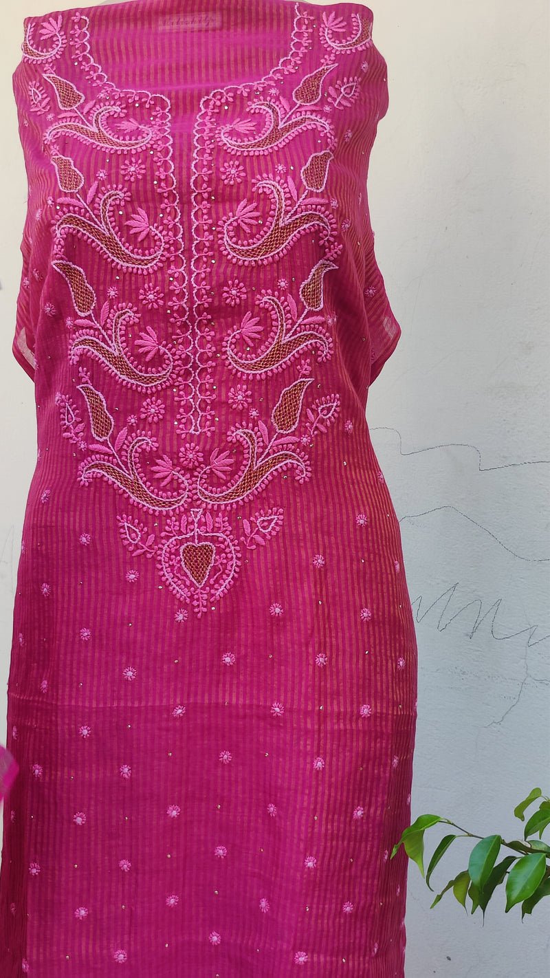 MAGENTA TISSHUE CHANDERI KURTA WITH CHIKANKARI - CHANDERI DUPATTA