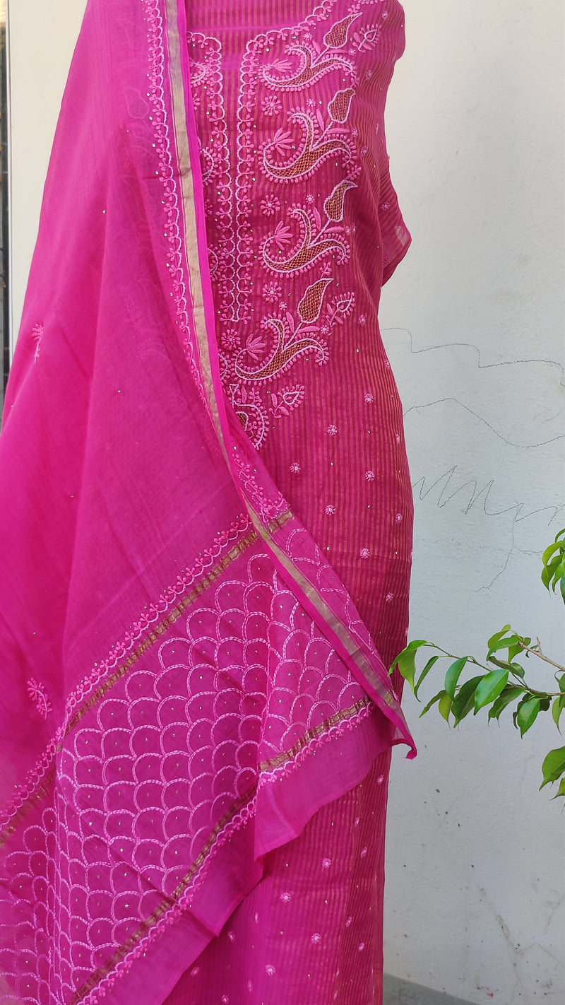 MAGENTA TISSHUE CHANDERI KURTA WITH CHIKANKARI - CHANDERI DUPATTA