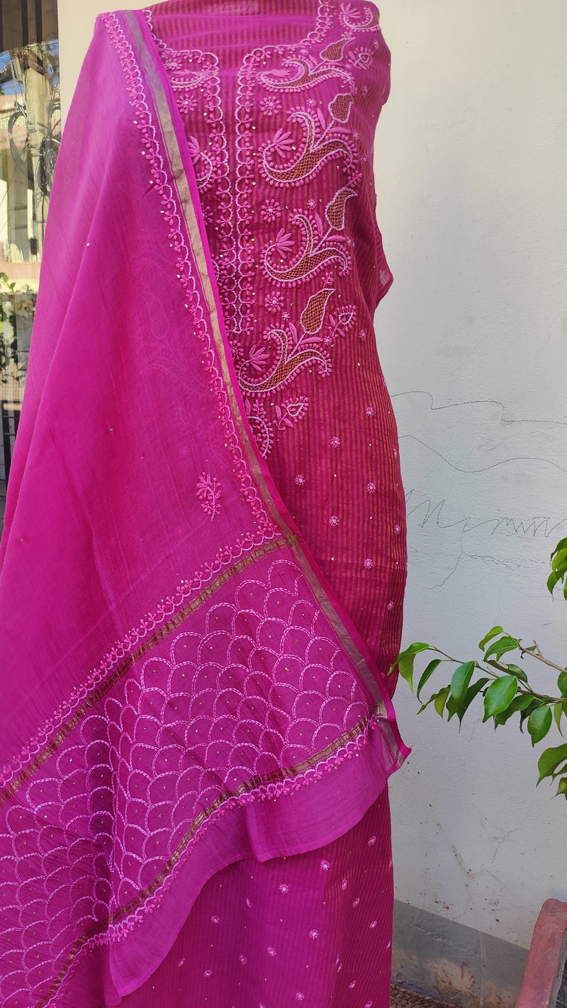 MAGENTA TISSHUE CHANDERI KURTA WITH CHIKANKARI - CHANDERI DUPATTA