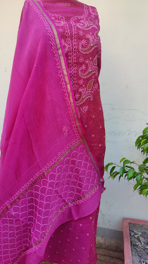 MAGENTA TISSHUE CHANDERI KURTA WITH CHIKANKARI - CHANDERI DUPATTA