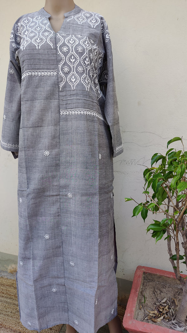 GREY MANGALGIRI KURTA WITH CHIKANKARI - WITH PINTEX