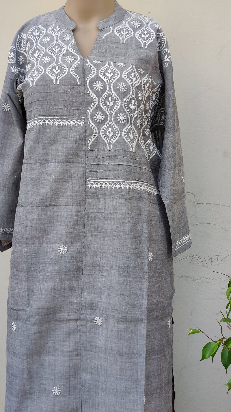 GREY MANGALGIRI KURTA WITH CHIKANKARI - WITH PINTEX