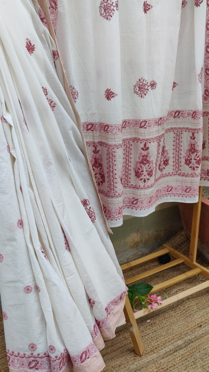 OFF WHITE MANGALGIRI COTTON SAREE WITH CHIKANKARI