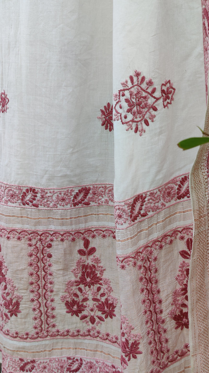 OFF WHITE MANGALGIRI COTTON SAREE WITH CHIKANKARI