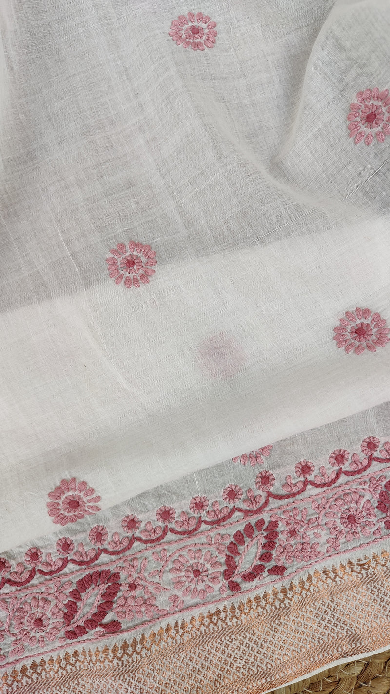 OFF WHITE MANGALGIRI COTTON SAREE WITH CHIKANKARI