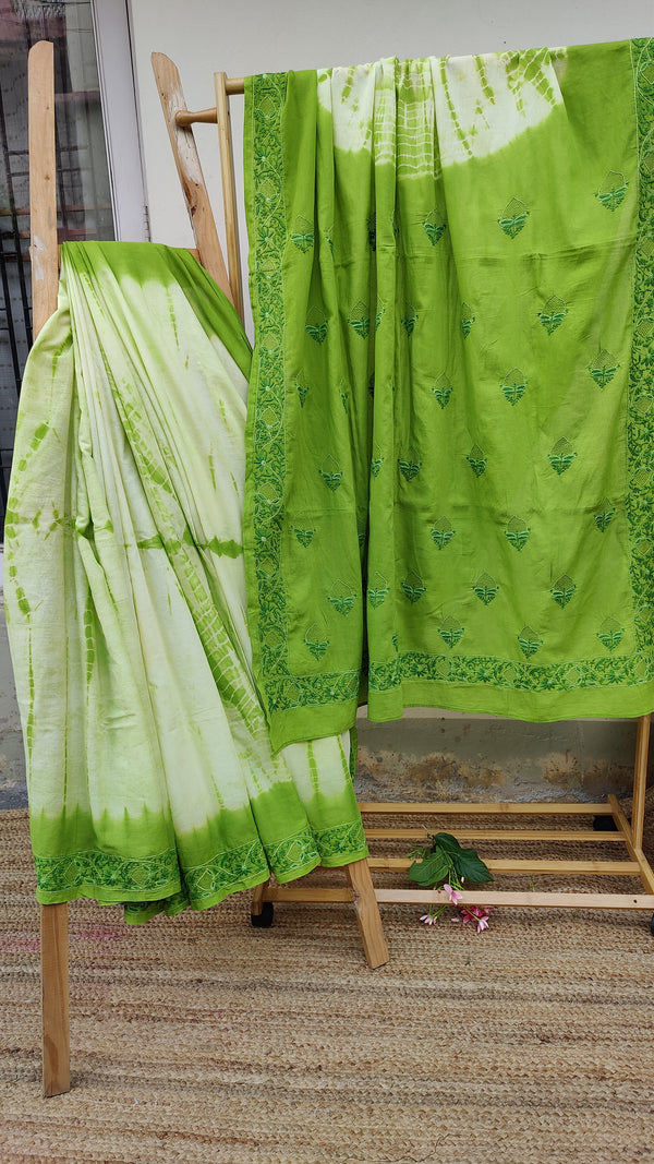 SPRING GREEN MULMUL SHIBORI SAREE WITH CHIKANKARI