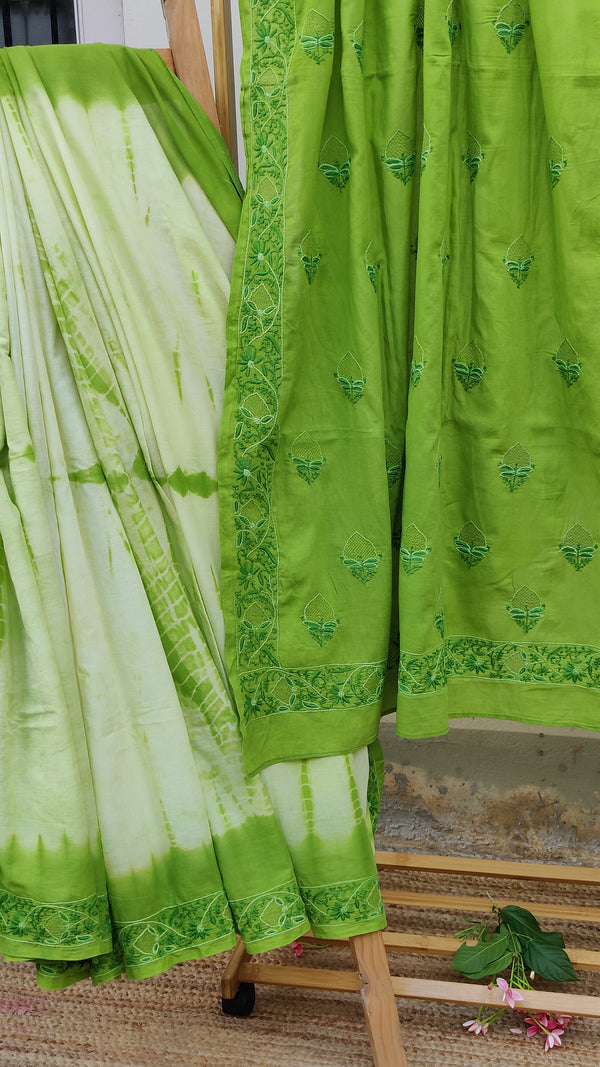 SPRING GREEN MULMUL SHIBORI SAREE WITH CHIKANKARI