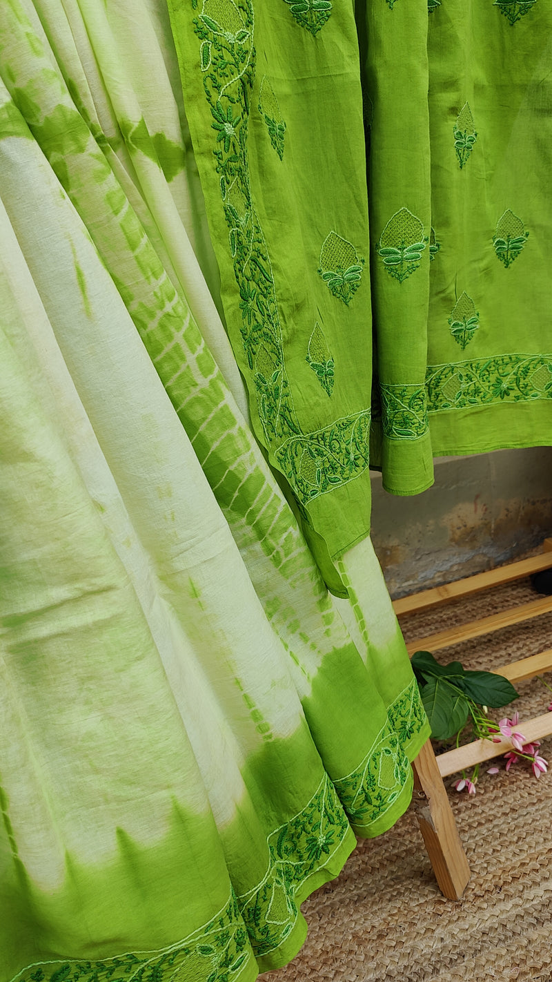 SPRING GREEN MULMUL SHIBORI SAREE WITH CHIKANKARI