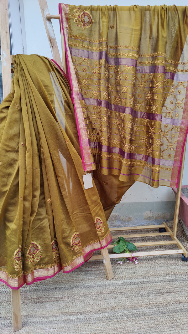 COPPER BROWN  MAHESHWARI SAREE WITH CHIKANKARI MOTIFS