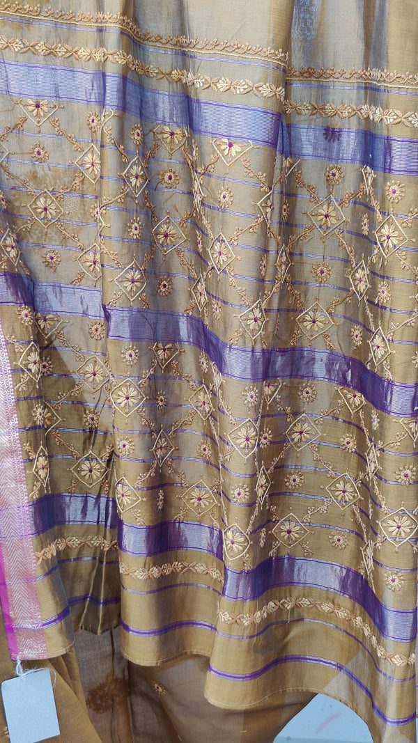 COPPER BROWN  MAHESHWARI SAREE WITH CHIKANKARI MOTIFS