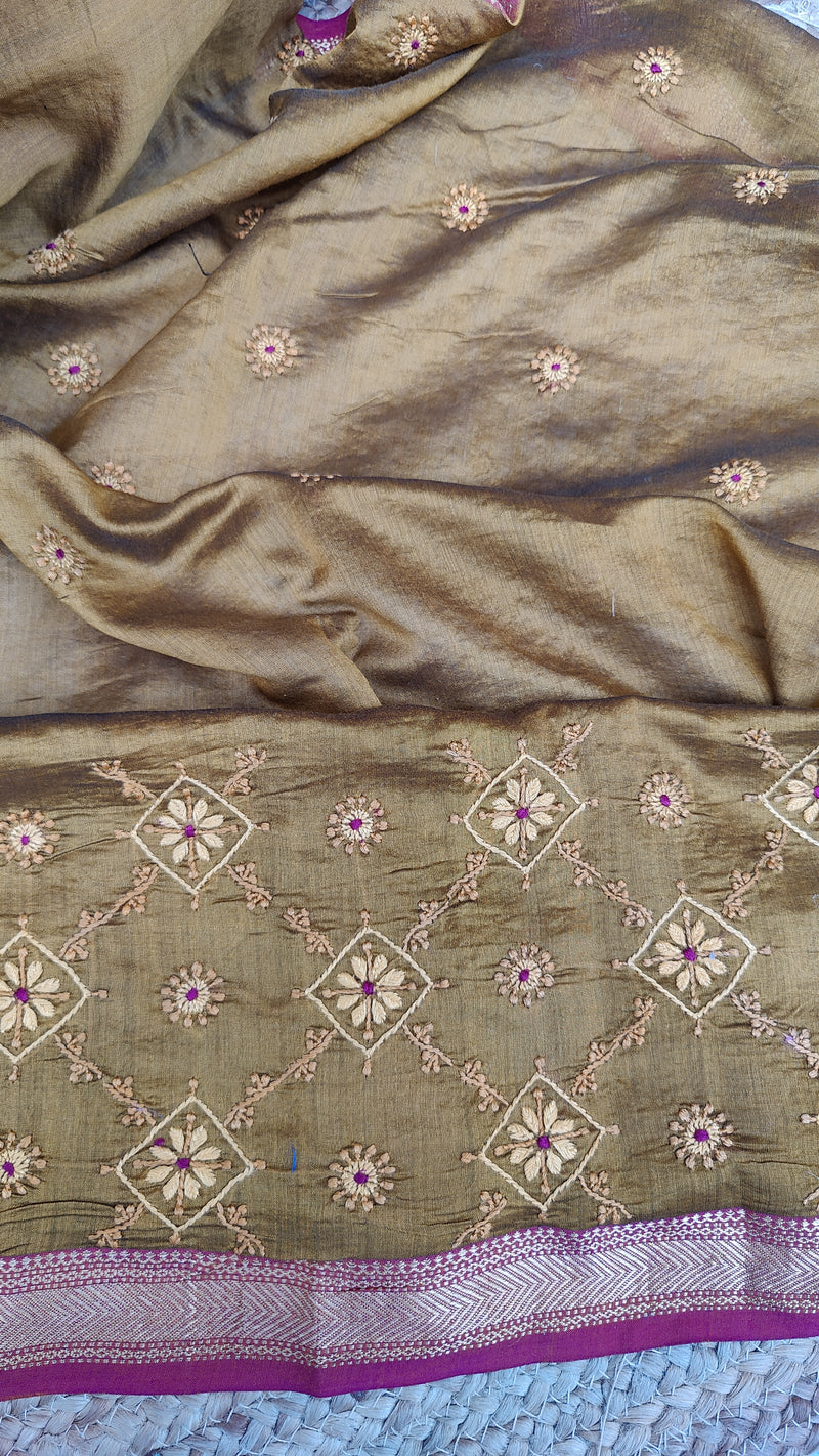 COPPER BROWN  MAHESHWARI SAREE WITH CHIKANKARI MOTIFS