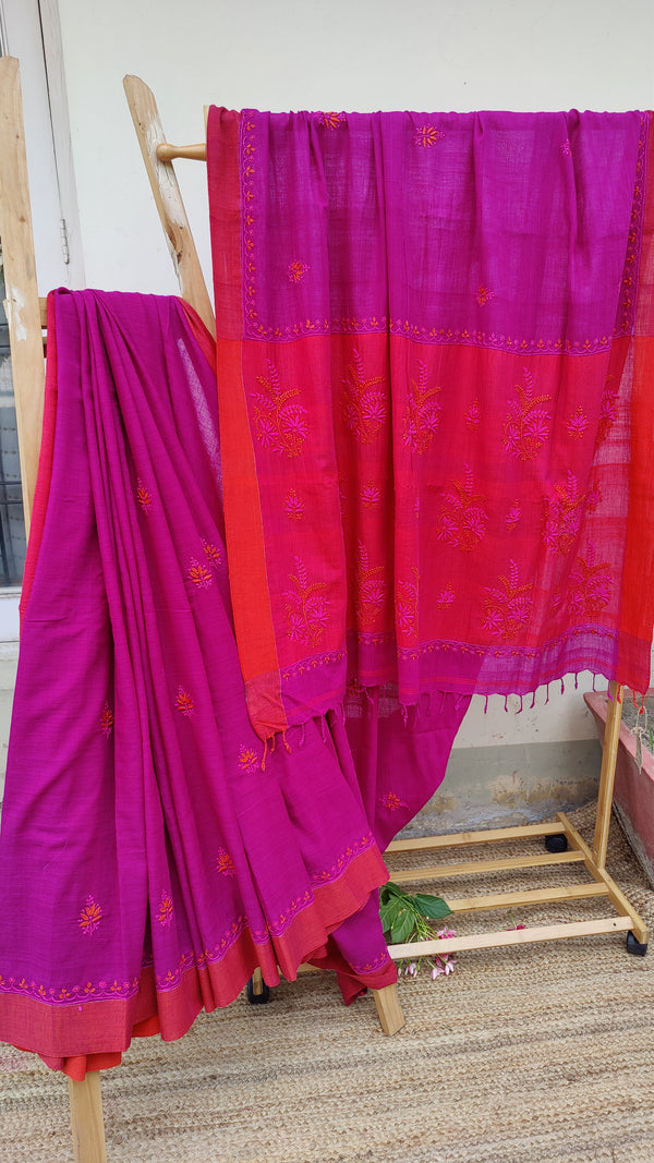 MAGENTA ORANGE KHADI COTTON SAREE WITH CHIKANKARI