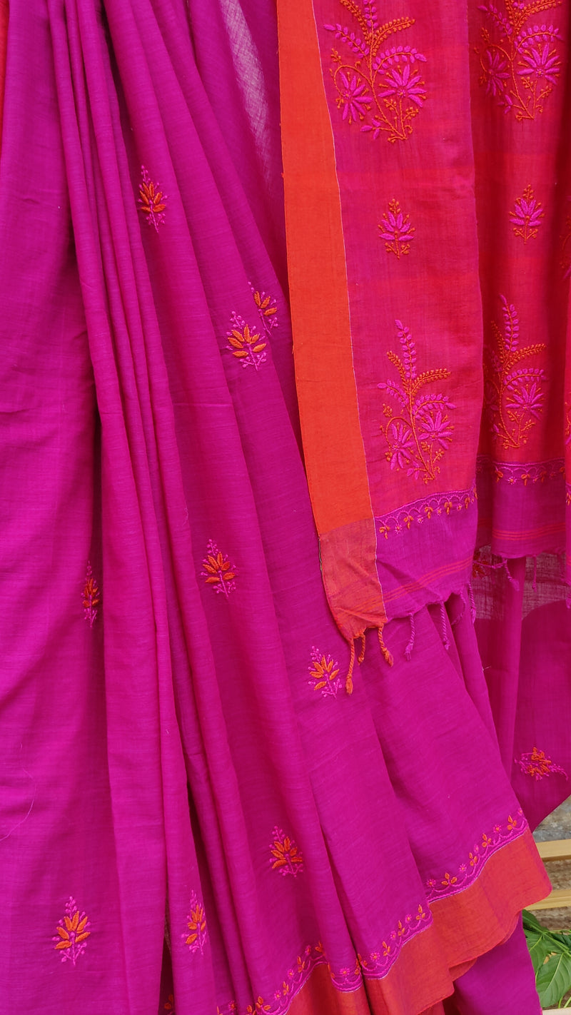 MAGENTA ORANGE KHADI COTTON SAREE WITH CHIKANKARI