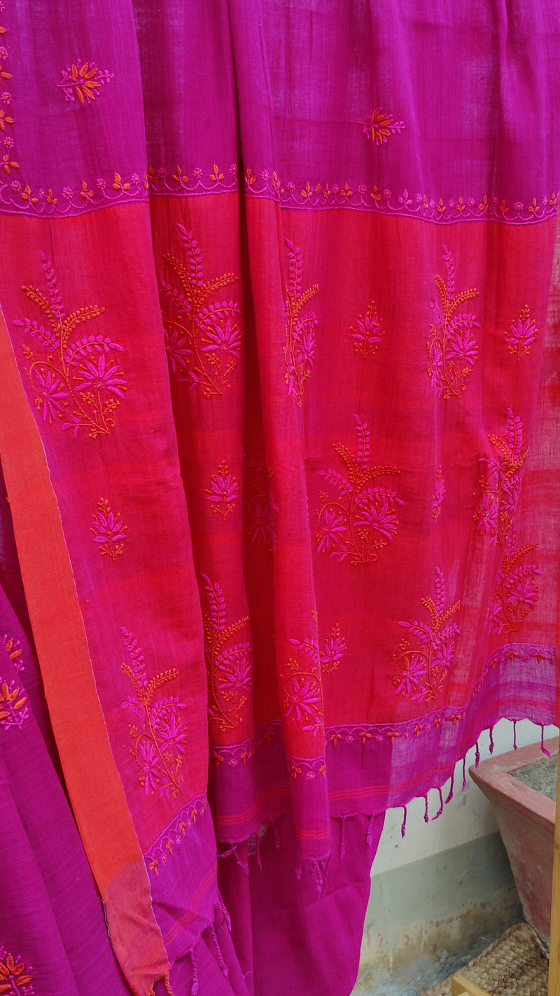 MAGENTA ORANGE KHADI COTTON SAREE WITH CHIKANKARI