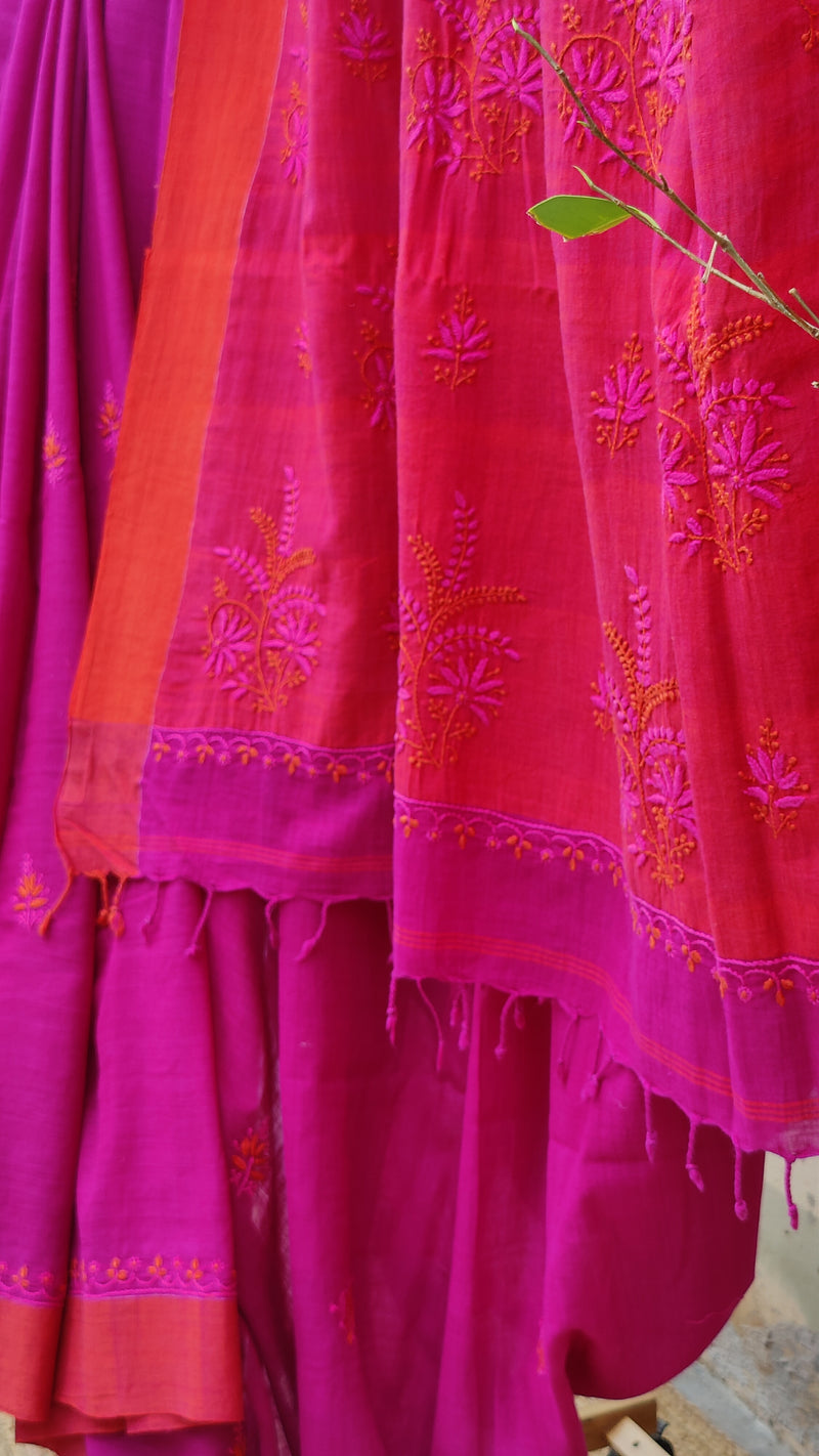 MAGENTA ORANGE KHADI COTTON SAREE WITH CHIKANKARI