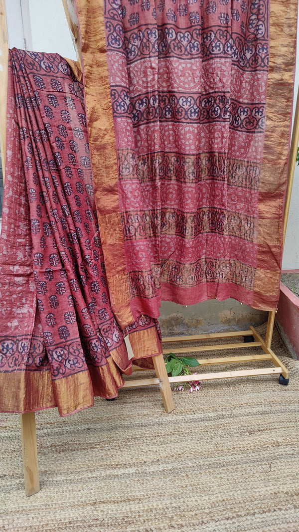 CINNAMON BROWN TUSSAR SILK SAREE WITH HAND BLOCK PRINTS