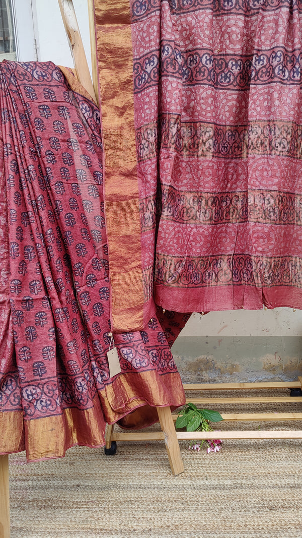 CINNAMON BROWN TUSSAR SILK SAREE WITH HAND BLOCK PRINTS