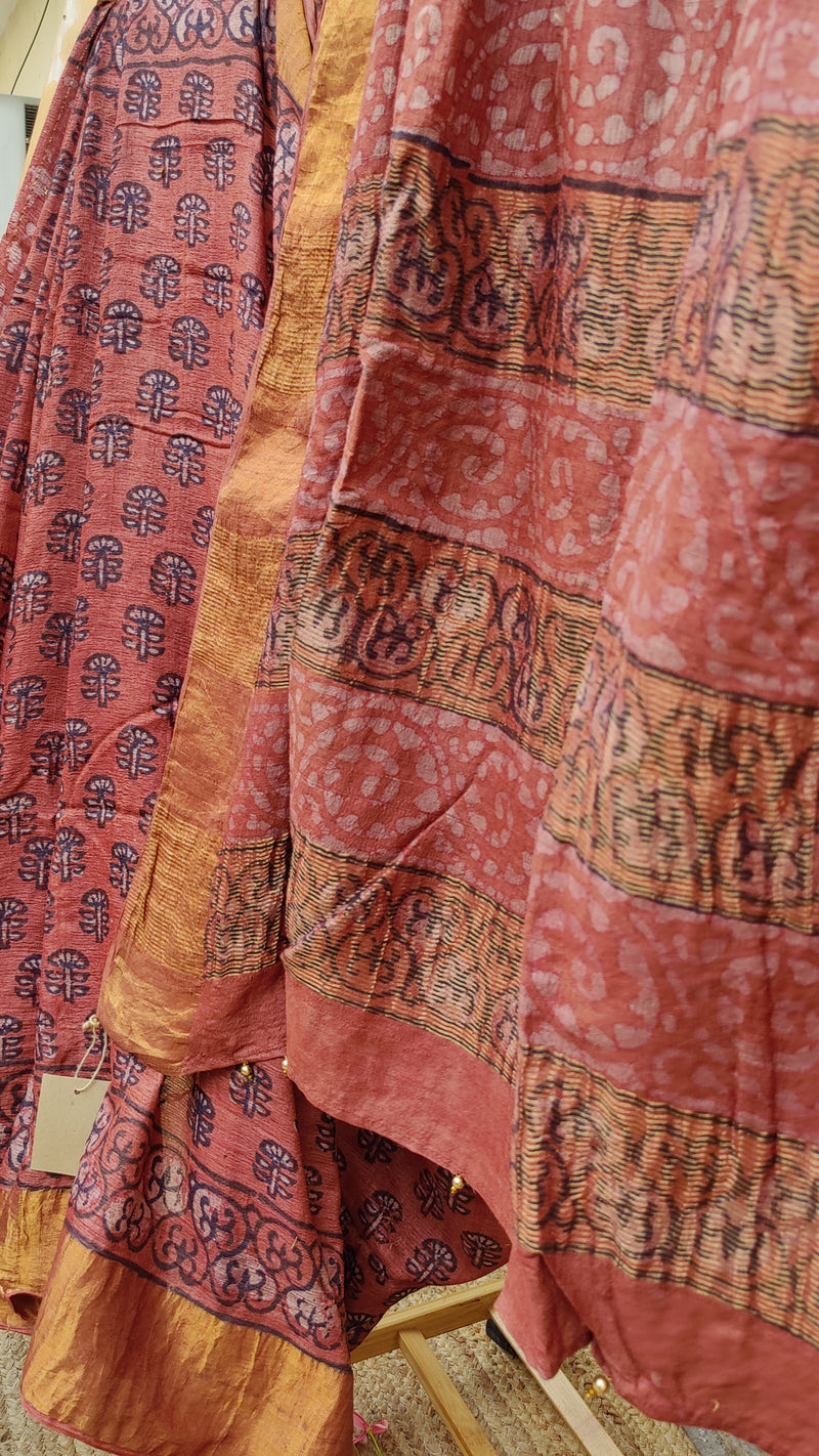 CINNAMON BROWN TUSSAR SILK SAREE WITH HAND BLOCK PRINTS