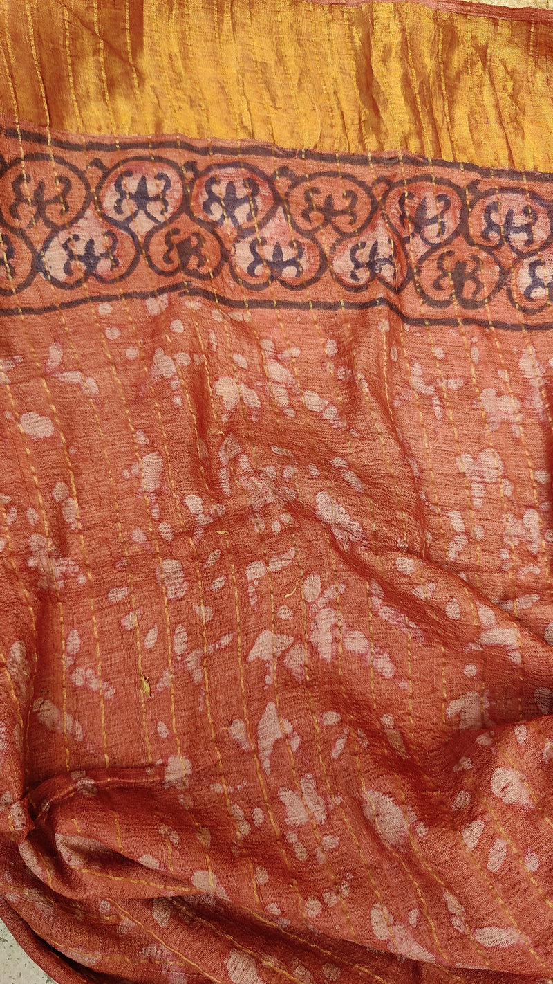 CINNAMON BROWN TUSSAR SILK SAREE WITH HAND BLOCK PRINTS