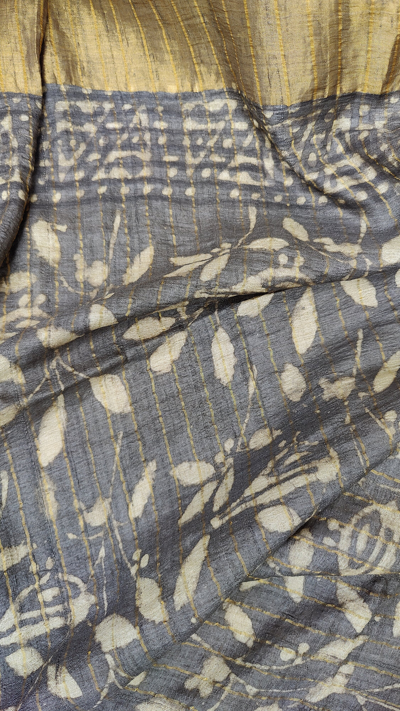 DARK GREY TUSSAR SILK SAREE WITH HAND BLOCK PRINTS