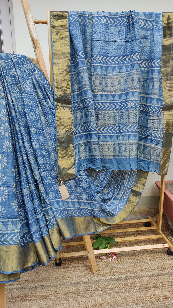 BLUE TUSSAR SILK SAREE WITH HAND BLOCK PRINTS