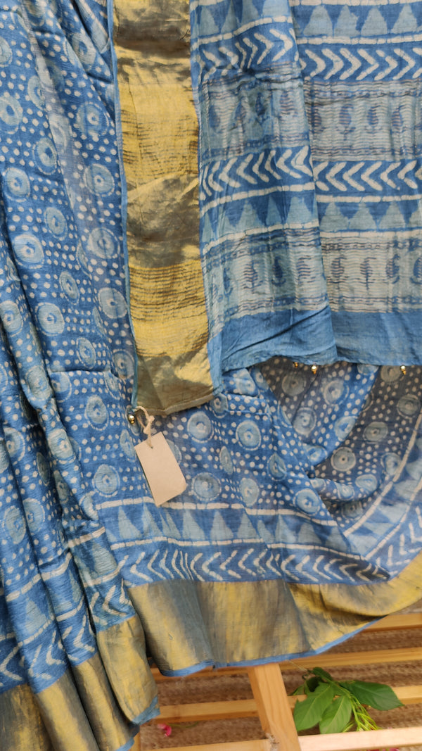 BLUE TUSSAR SILK SAREE WITH HAND BLOCK PRINTS